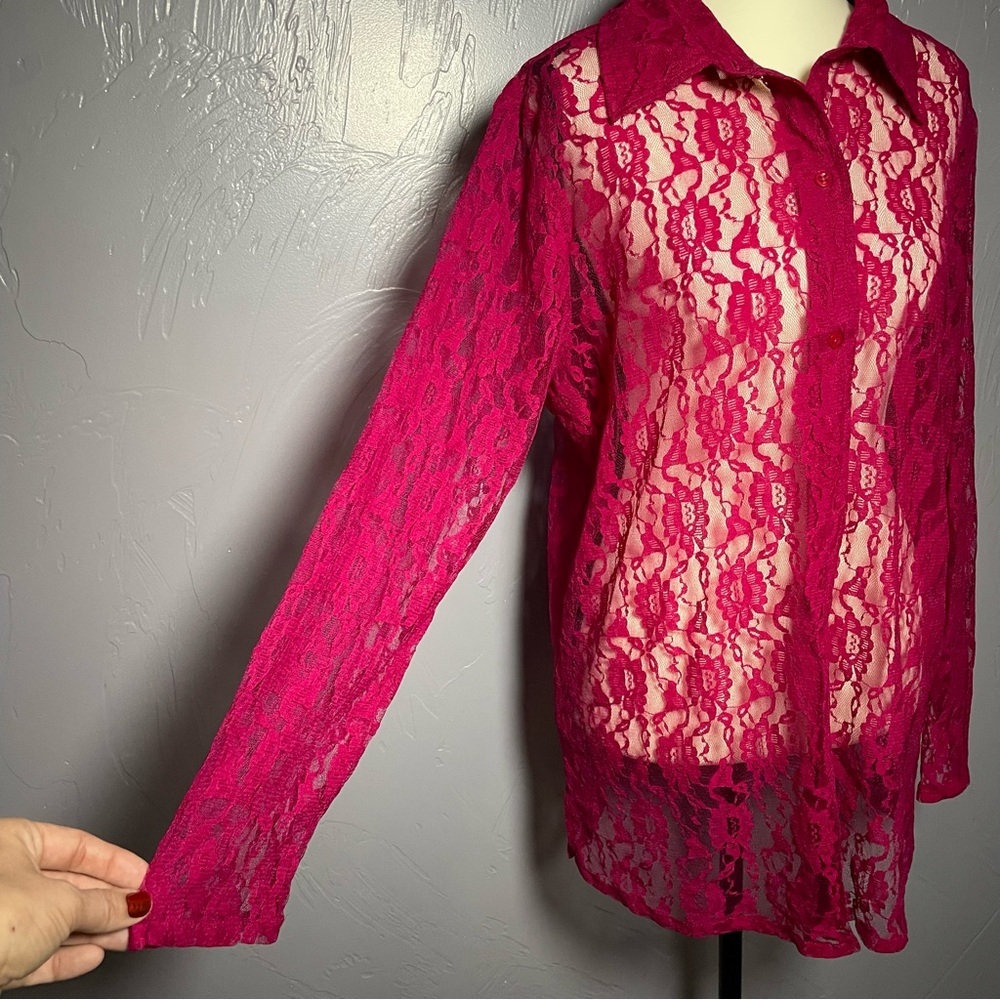 Vintage Z Studio Lace Button Up Long Blouse in A Gorgeous Cranberry Color - Picture 4 of 10